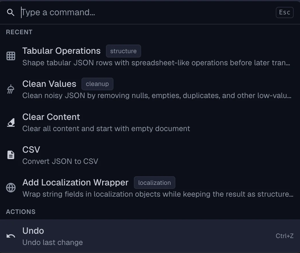 Command palette with search results