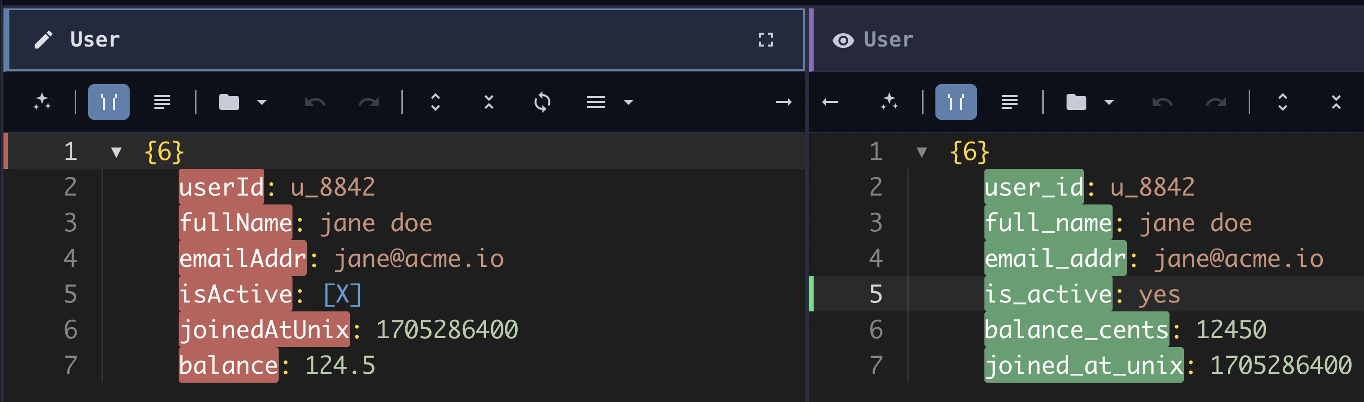 JSON diff showing added (green) and removed (red) lines